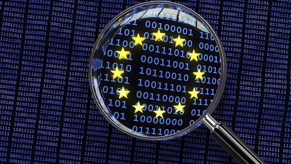 EU-branded magnifying glass examining data