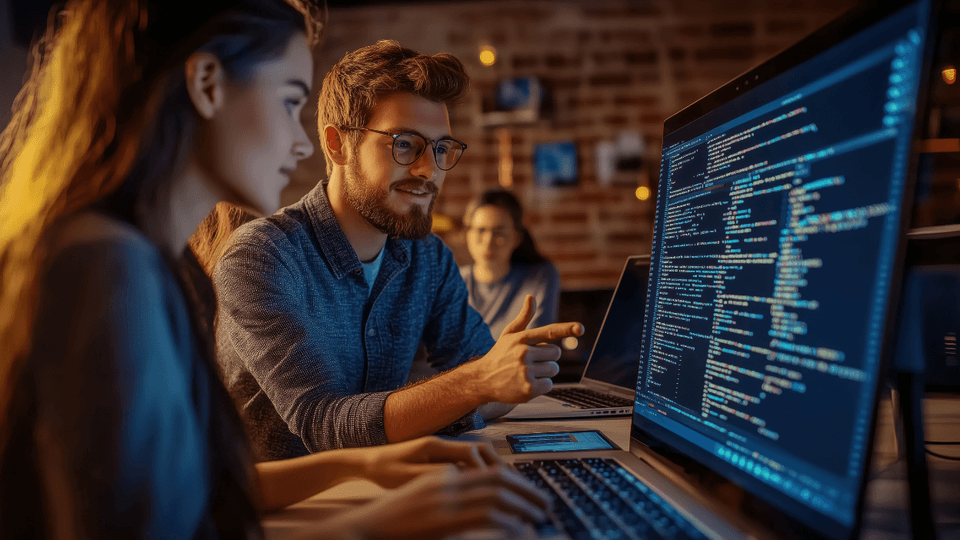 A young man and woman coding on a laptop