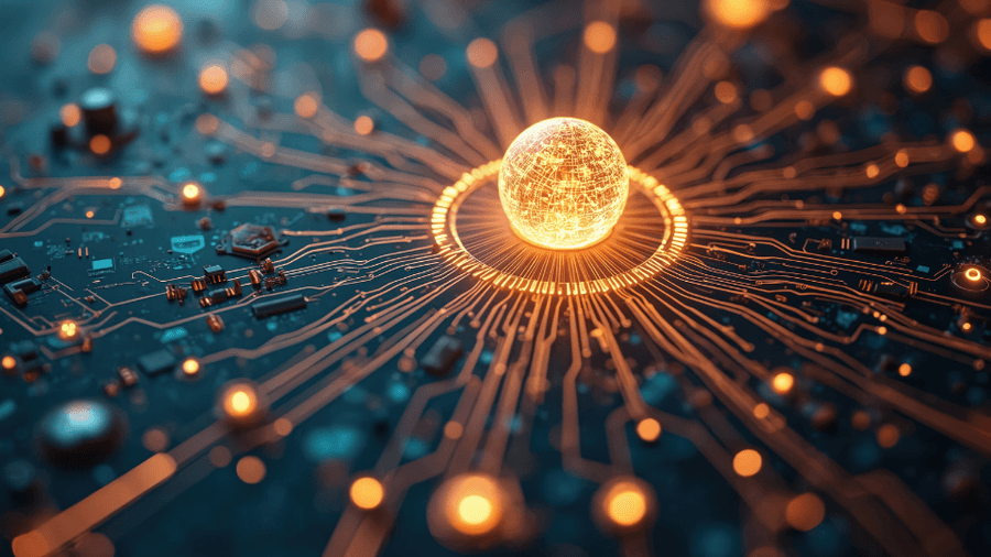 Glowing orange orb and circuitry on a dark blue background