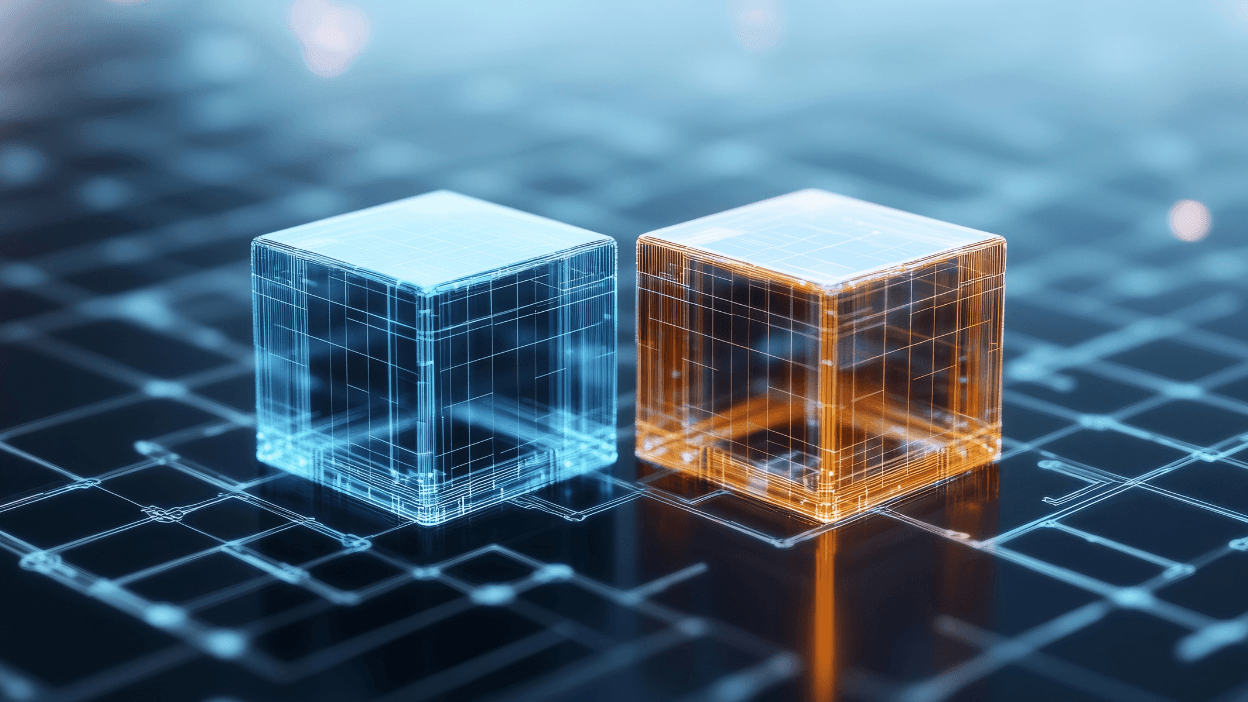 Dual glowing data cubes on a circuit board grid