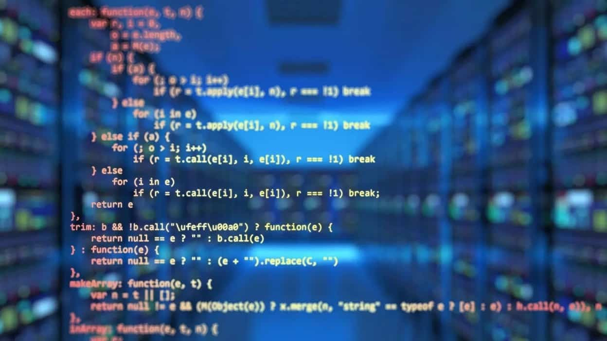 code overlaid on a server room