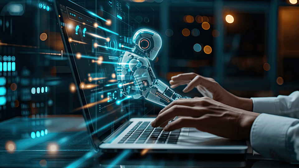 Man typing on laptop with AI digital assistant