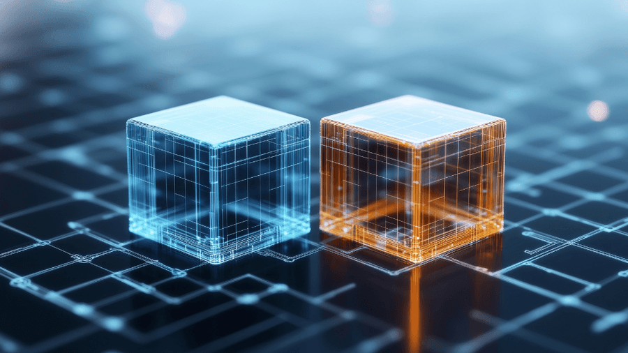 Dual glowing data cubes on a circuit board grid