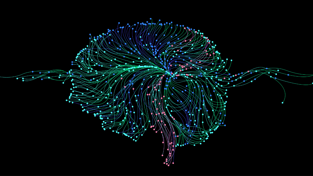 A brain created by multi-coloured dots and lines