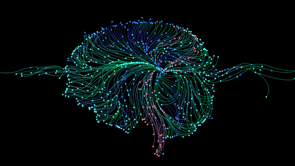 A brain created by multi-coloured dots and lines
