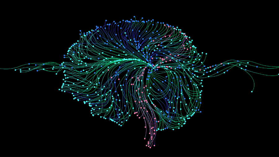 A brain created by multi-coloured dots and lines
