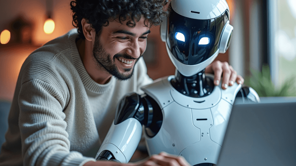 man and AI robot working on a laptop together