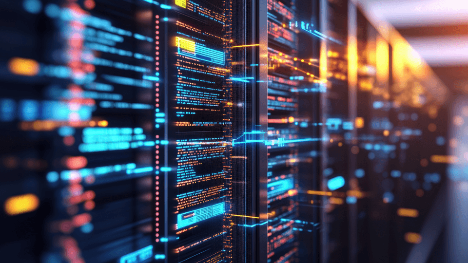 A server room with flashing lights and lines of code